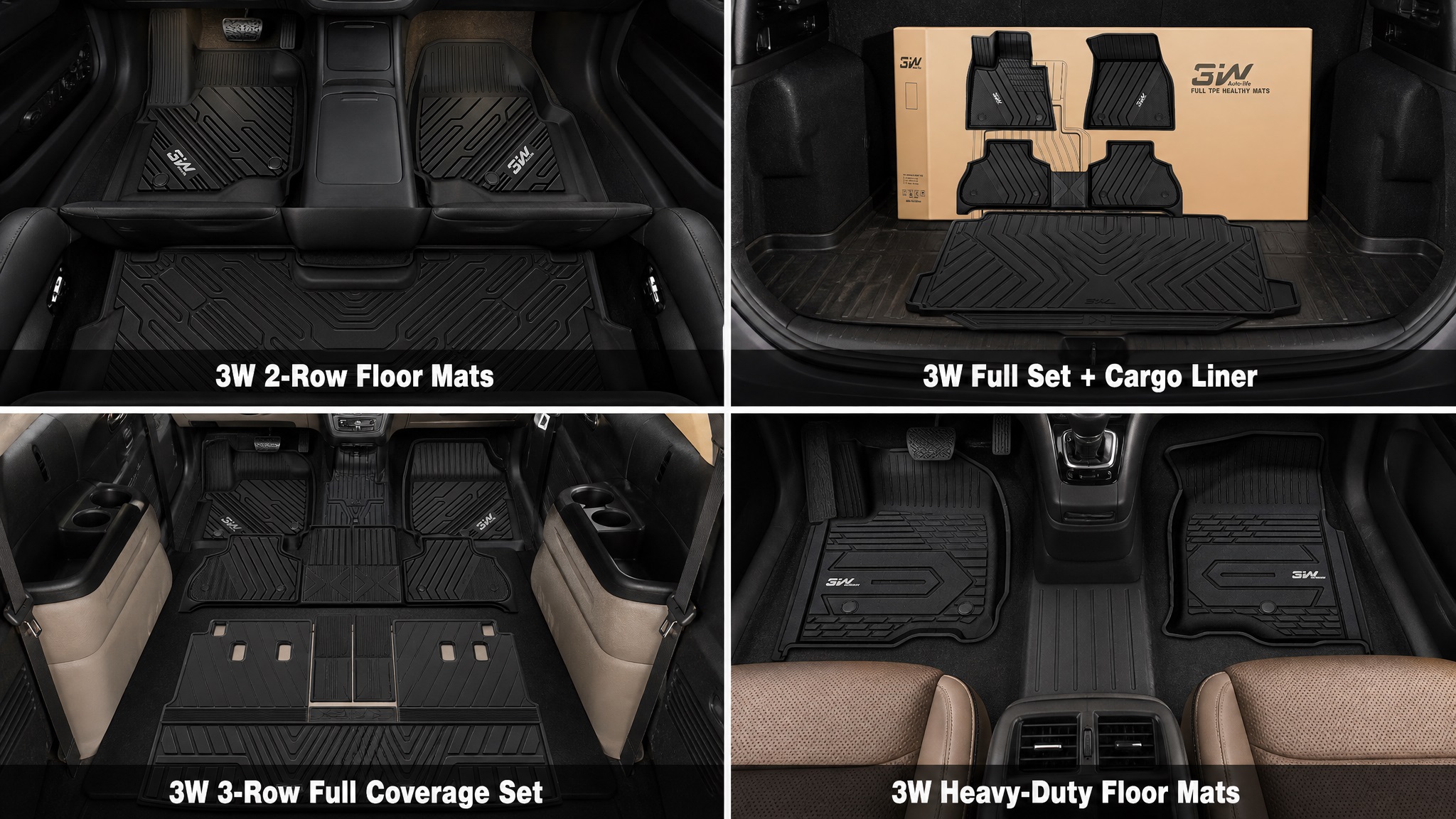 his is a four-panel grid promotional image showcasing different car floor mat sets from the 3W brand. The top-left panel shows "3W 2-Row Floor Mats" installed in an all-black interior. The top-right panel shows the "3W Full Set + Cargo Liner" in a cargo area, with a boxed set of mats resting on the cargo liner.