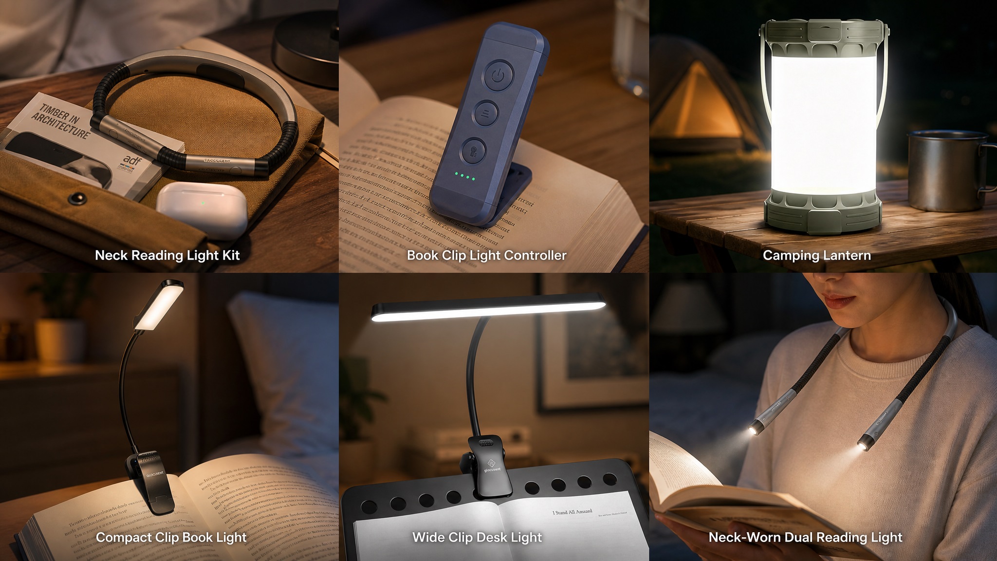 Grid overview of Glocusent lighting products including neck lights, clip-on book lights, music stand lamps, and camping lanterns.