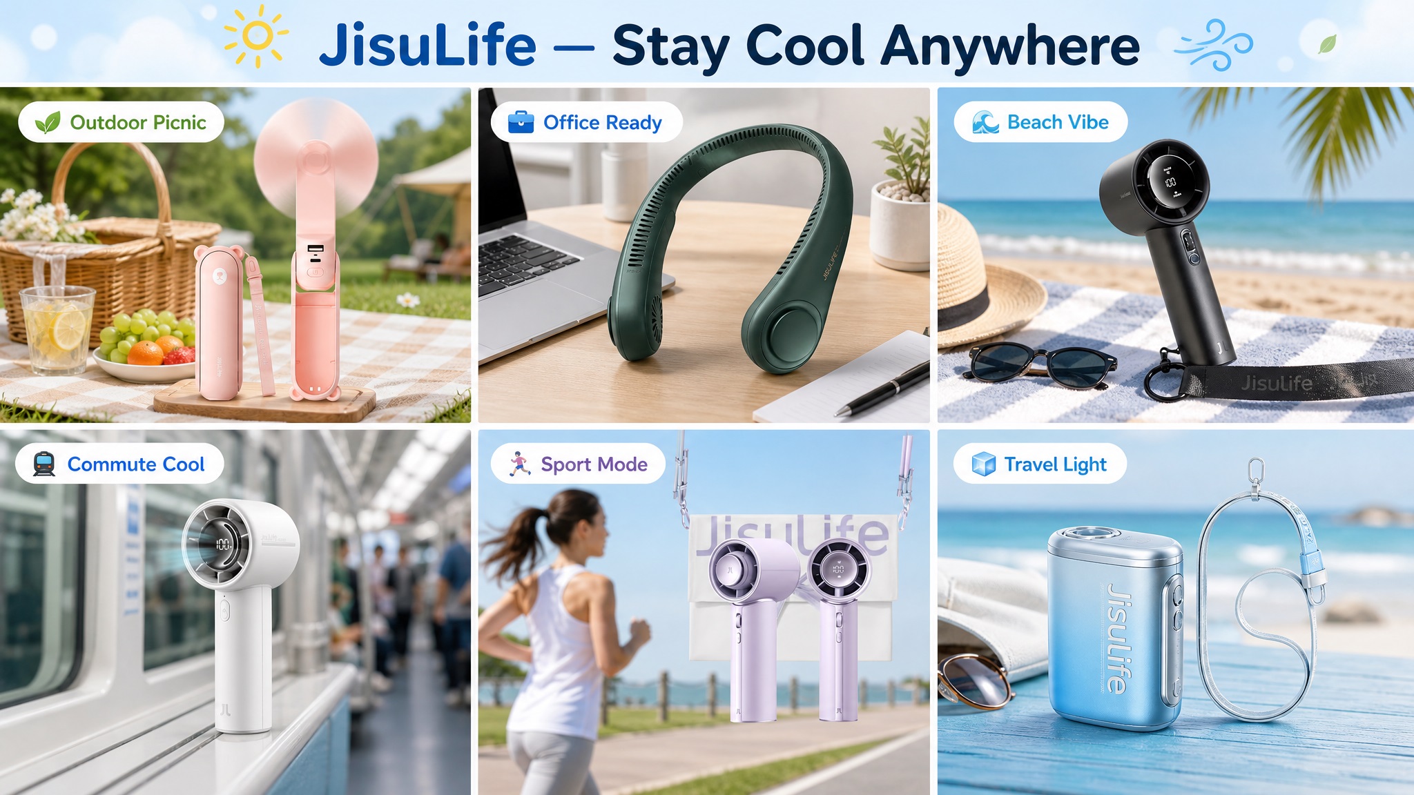 A grid layout image with a blue title at the top: "JisuLife — Stay Cool Anywhere", accompanied by cartoon icons of a sun, clouds, and wind.