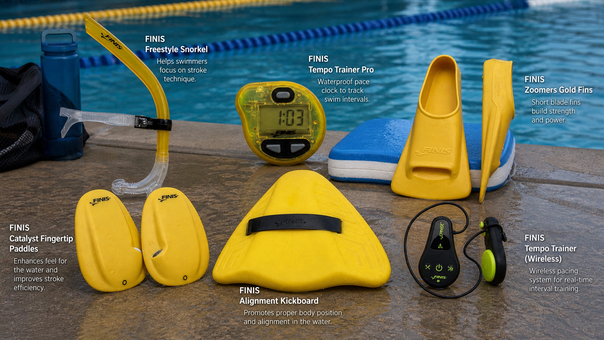 Collection of FINIS swim training gear arranged on a wet pool deck, including snorkel, metronome, short fins, paddles, alignment kickboard, and bone conduction MP3 player.