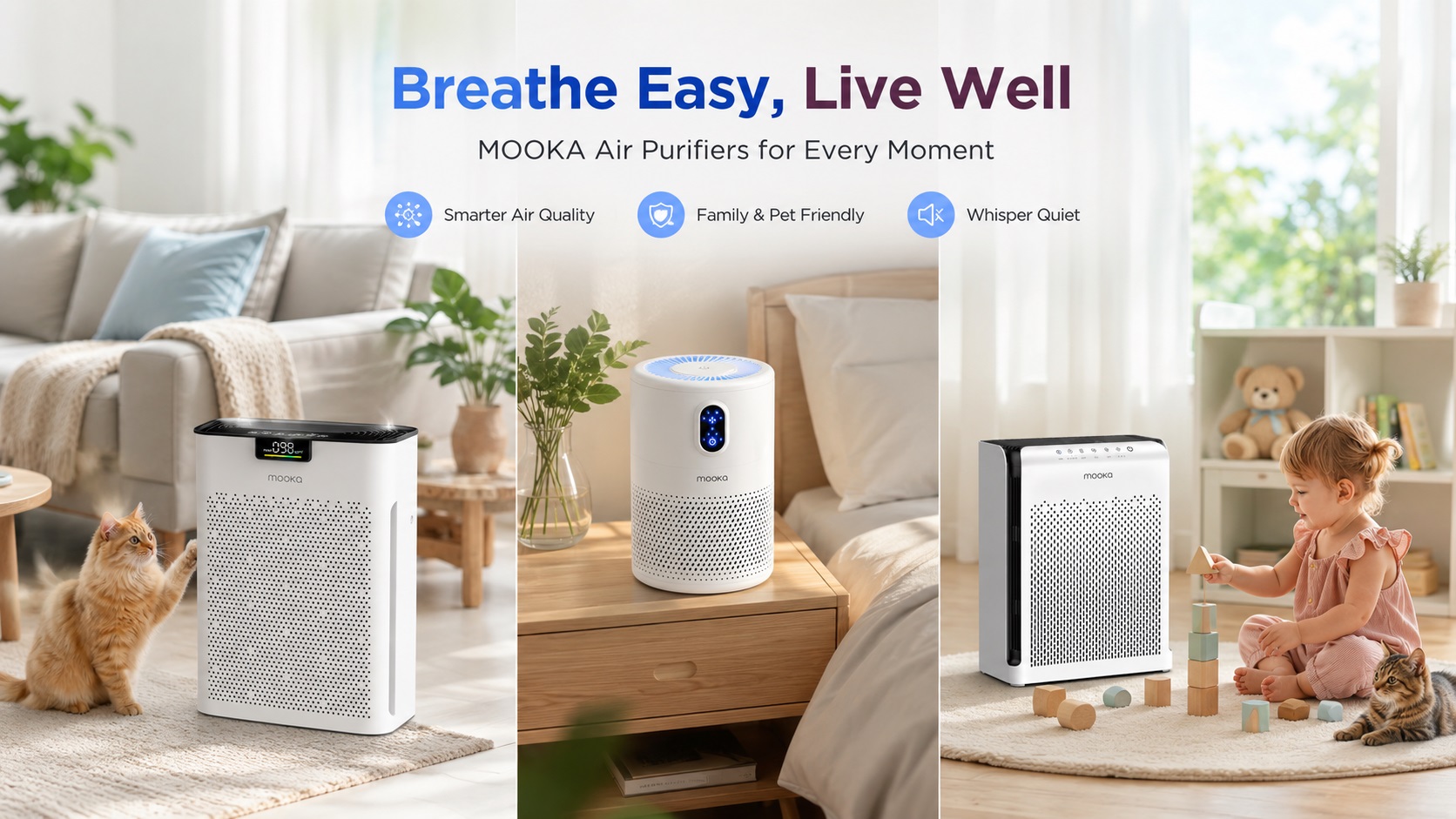 This image features MOOKA Air Purifiers, designed to breathe easy, live well, and be suitable for every moment.