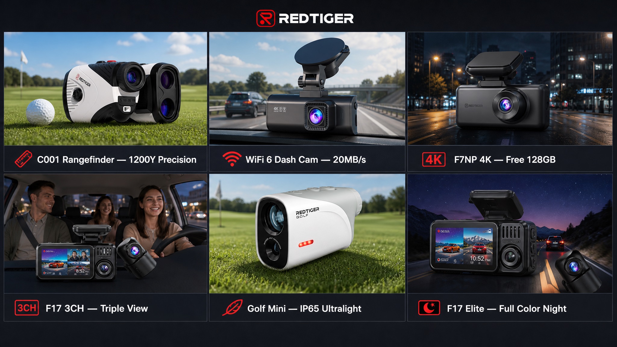A 6-grid showcase image displaying various REDTIGER products including C001 Rangefinder, WiFi 6 Dash Cam, F7NP 4K, F17 3CH, Golf Mini ultralight rangefinder, and F17 Elite Full Color Night Vision camera.