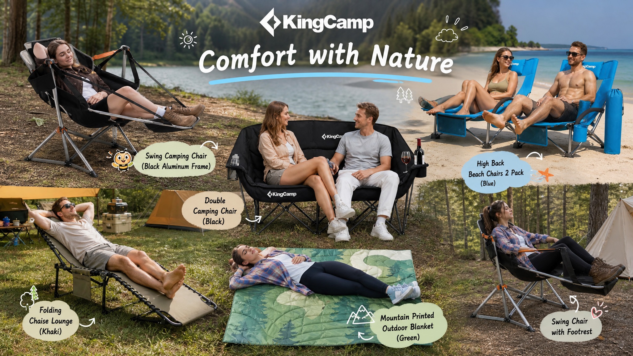 Large composite promotional banner titled "Comfort with Nature," featuring a variety of KingCamp products in use across different outdoor scenes: Swing Camping Chair, Double Camping Chair, High Back Beach Chairs, Folding Chaise Lounge, Mountain Printed Outdoor Blanket, and Swing Chair with Footrest.