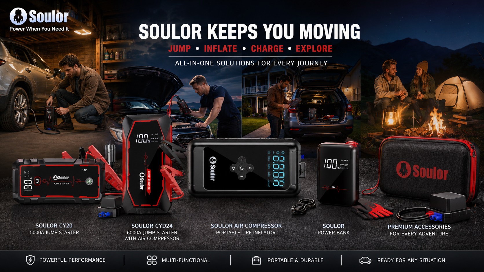 Complete lineup of Soulor automotive devices including CY20 jump starter, CYD24 jump starter with air compressor, tire inflator, and power bank with real-life usage scenes.