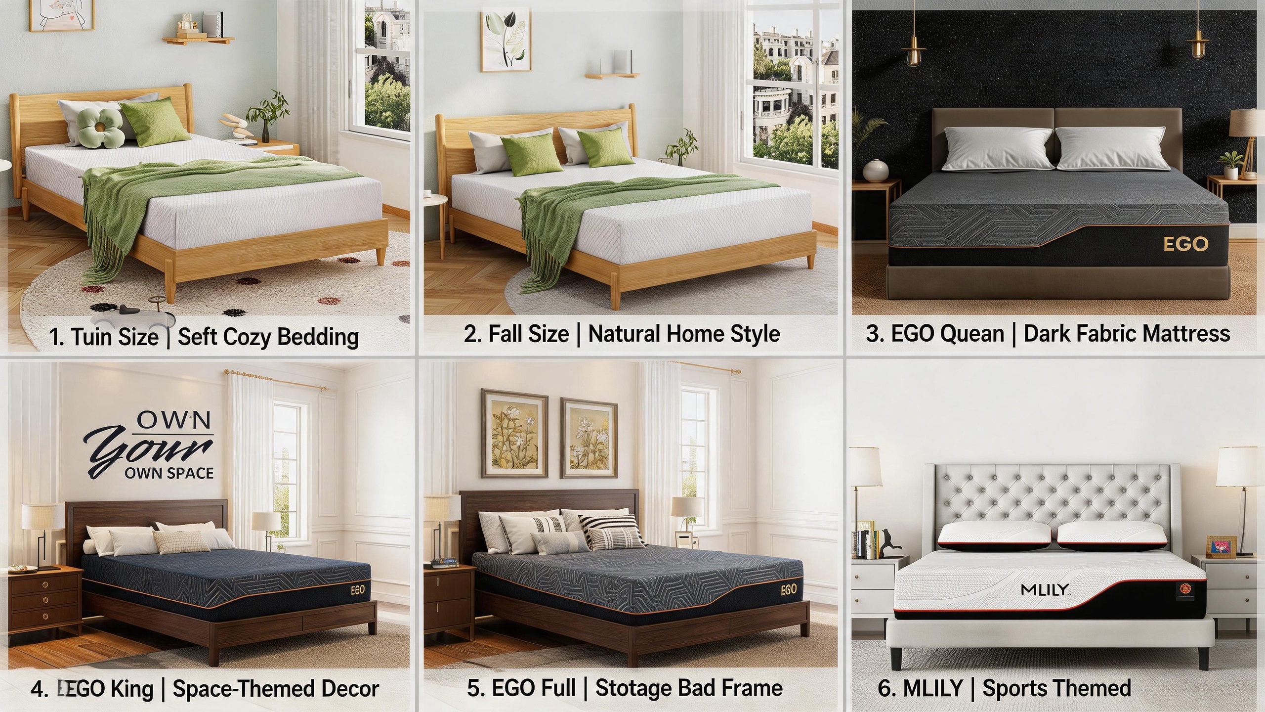 A 6-panel grid image showcasing bedroom decor inspirations, comparing different setups including natural home styles, dark fabric themes, and the MLILY sports-themed mattress across various bed sizes.
