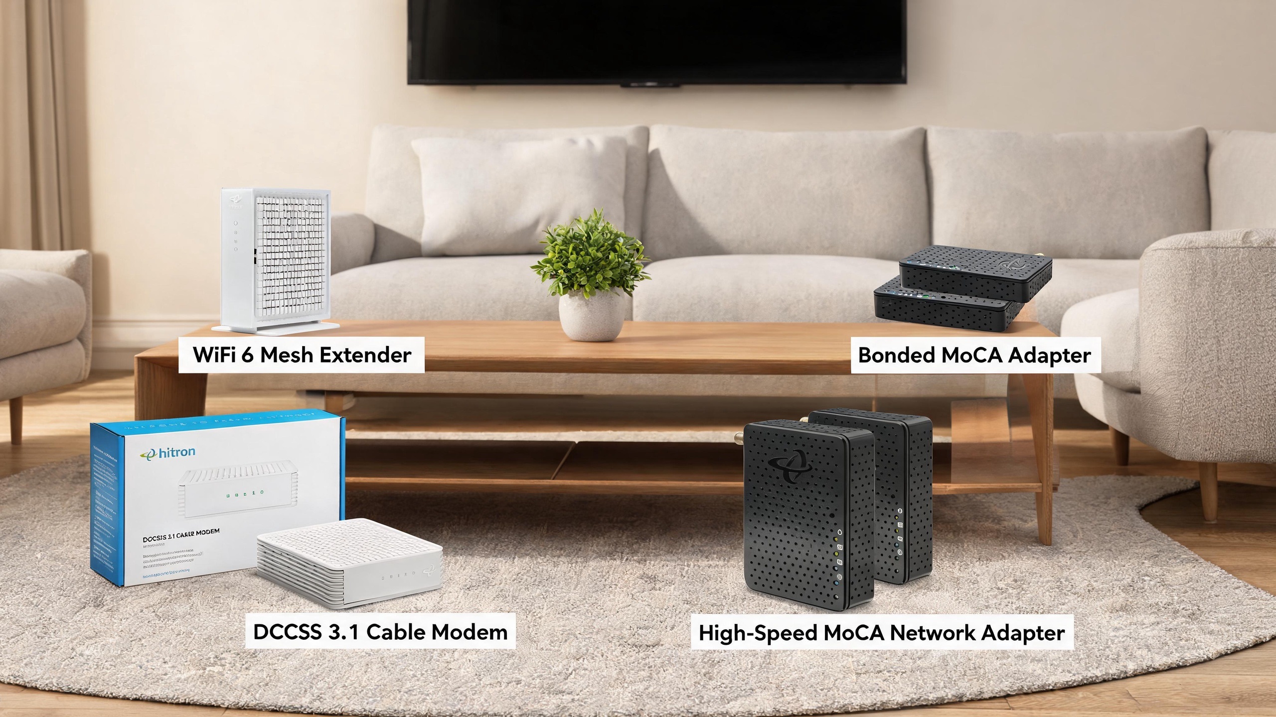 A product lineup of Hitron home networking devices arranged in a modern living room setting, labeled as WiFi 6 Mesh Extender, Bonded MoCA Adapter, DOCSIS 3.1 Cable Modem, and High-Speed MoCA Network Adapter.