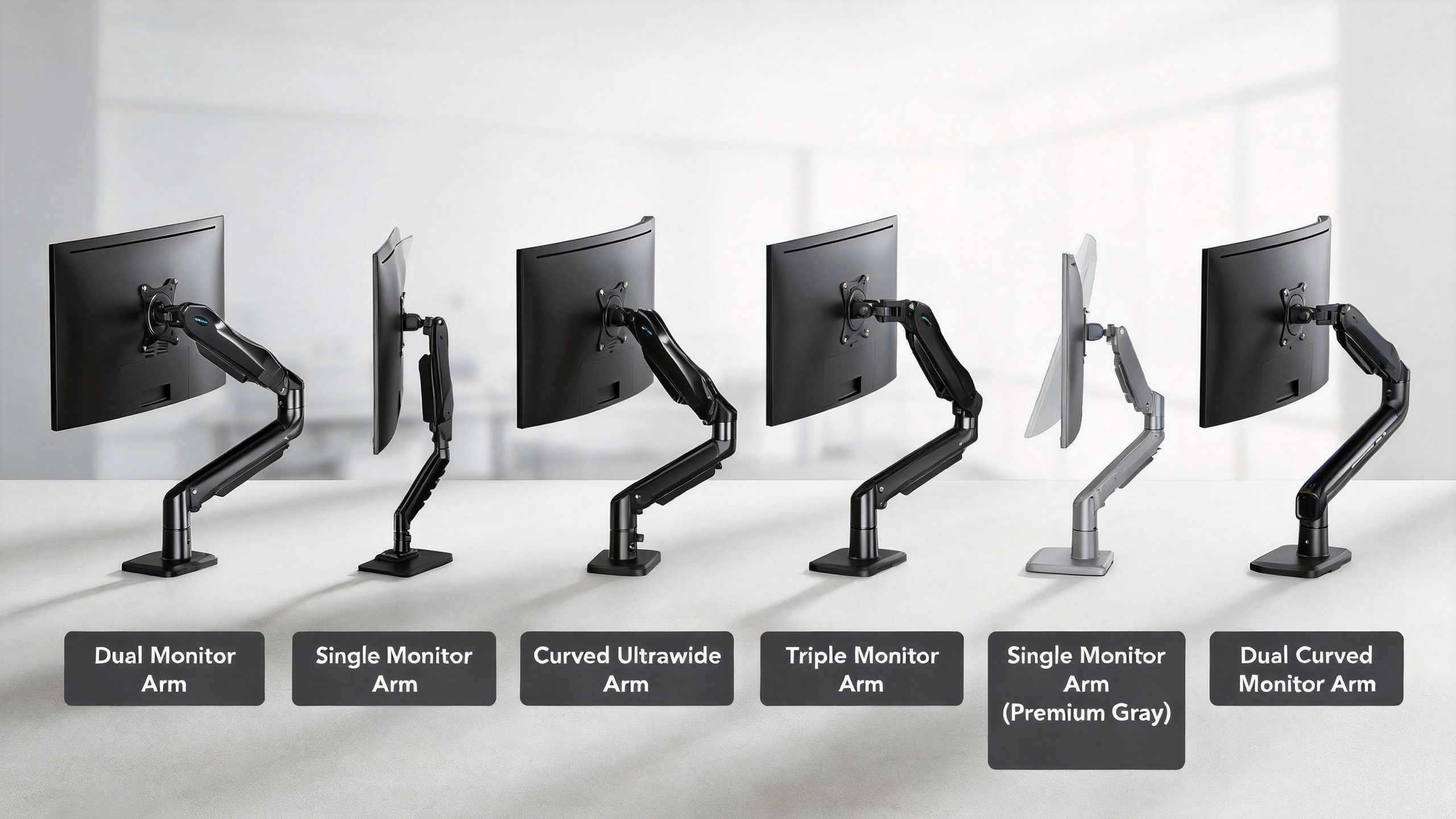 An infographic style image showcasing five different HUANUO monitor arm types: Dual Monitor Arm, Single Monitor Arm, Curved Ultrawide Arm, Triple Monitor Arm, and Single Monitor Arm (Premium Gray), with one more dual curved monitor arm in the end, highlighting product diversity.