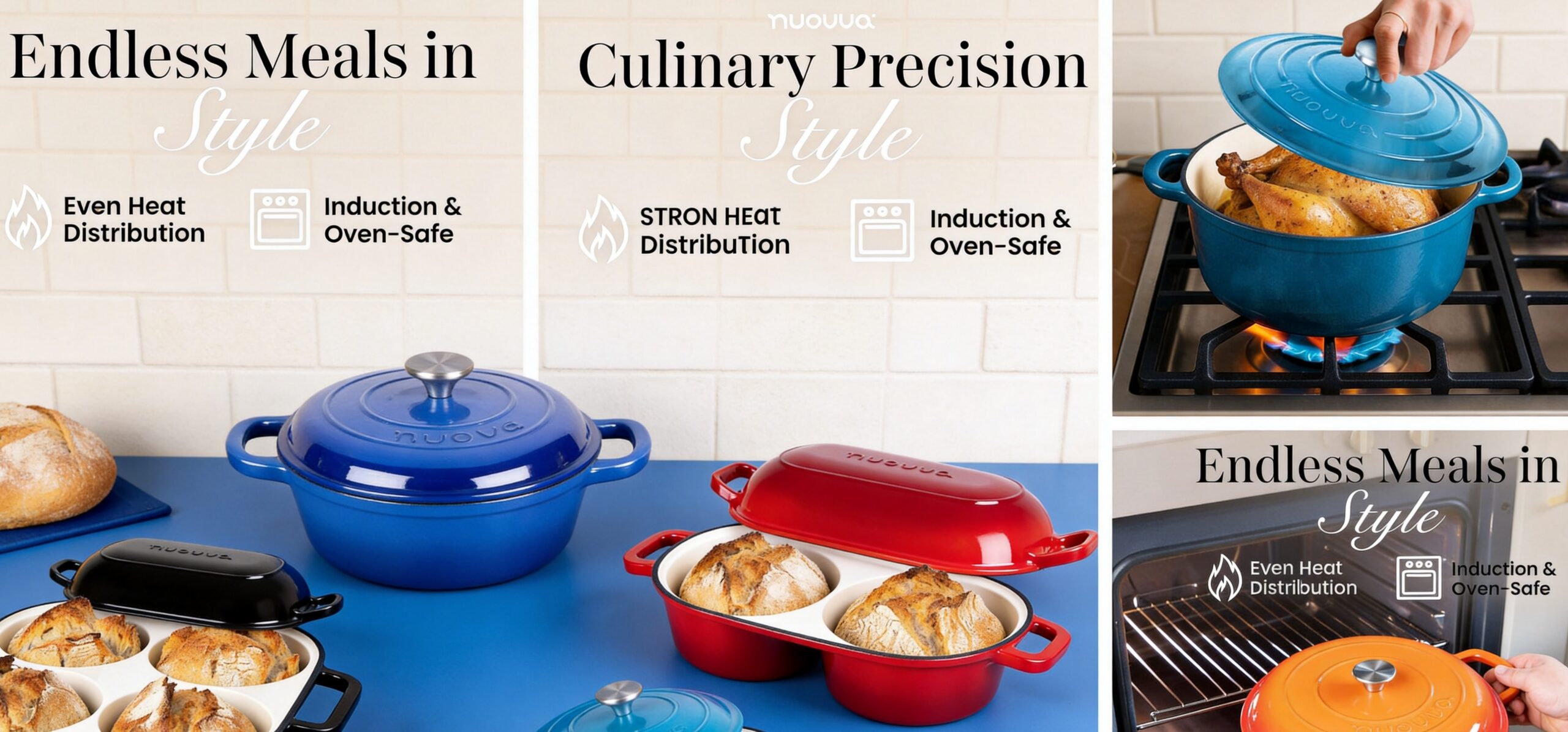 A collage image featuring multiple enameled cast iron pots on a blue surface. Text banners proclaim "Endless Meals in Style" and "Culinary Precision." Inset photos show the turquoise pot in use for roasting a whole chicken on a gas burner and in an oven.