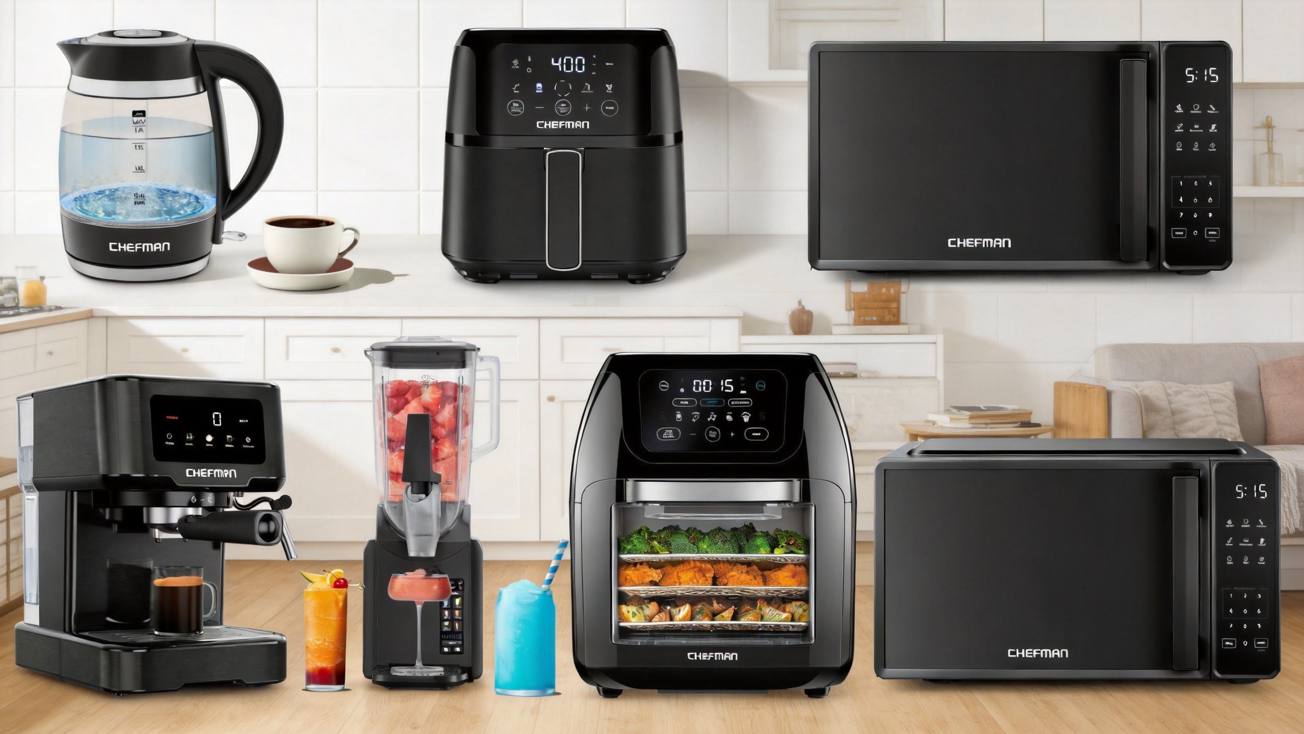A product lineup showcase of Chefman kitchen appliances arranged on a kitchen countertop under the text "CHEFMAN - #1 Brand of Quality Cooking Appliances." The collection features an electric kettle, a 4-quart air fryer, a 10L air fryer oven, a slushie machine, a microwave, and an espresso machine.