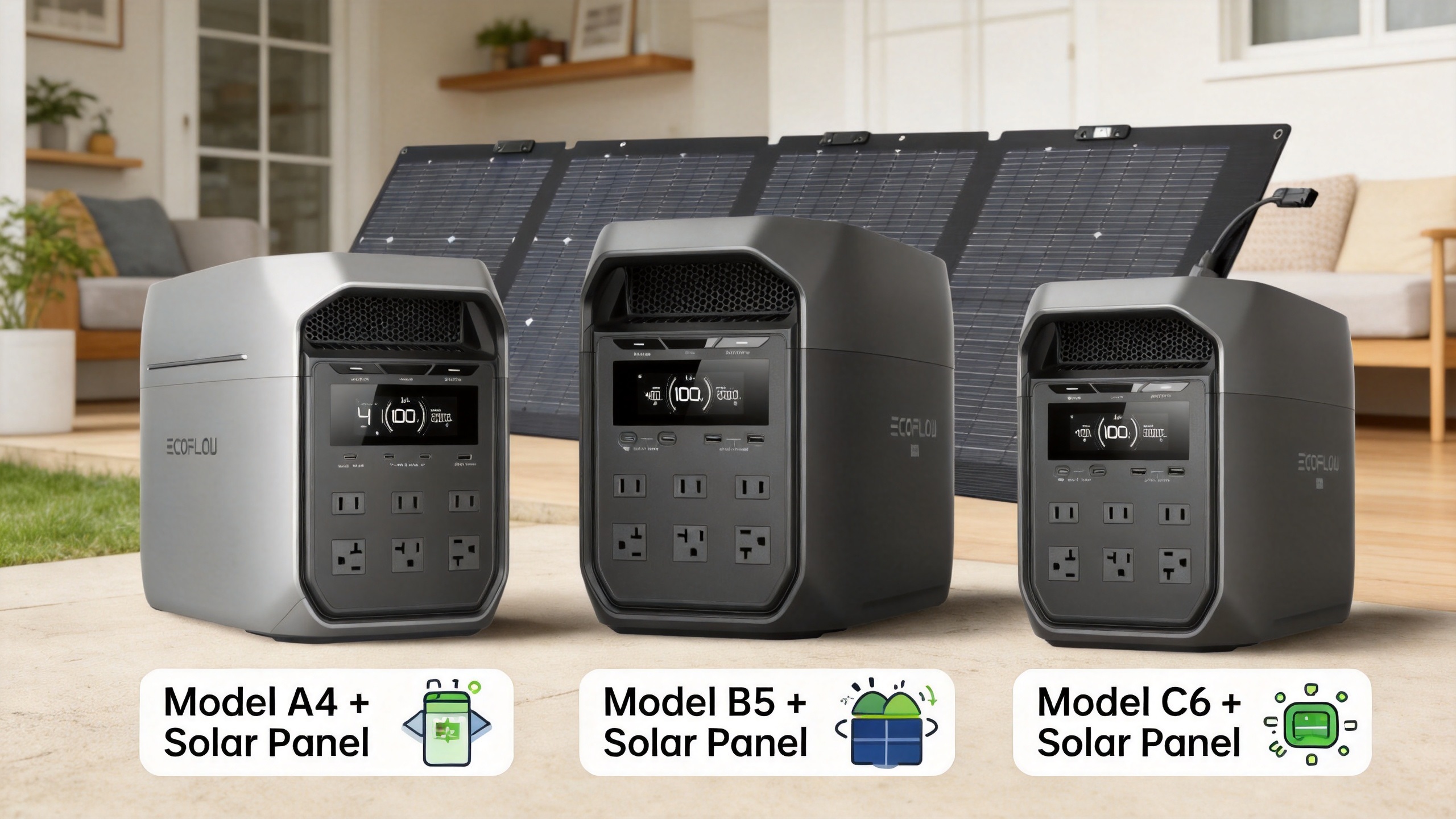 Infographic for EcoFlow portable power station products with outdoor labels. Three power stations are placed on grass, with unfolded solar panels in the background. Each unit has specific text and icon labels below it: A4, B5, C6, corresponding to different capacities and features (e.g., expansion, smart BMS).