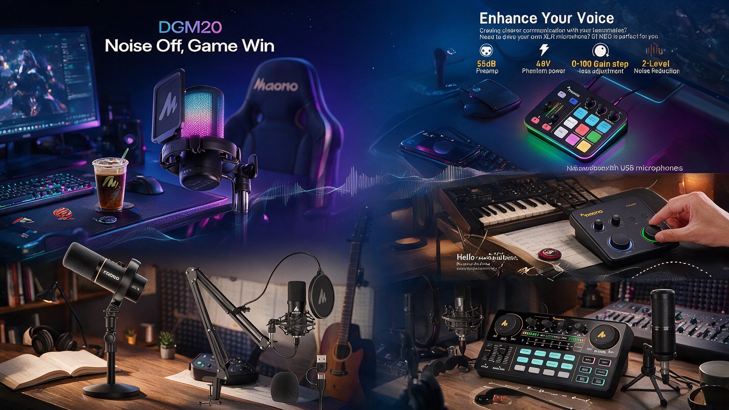 A promotional image showcasing the complete MAONO audio ecosystem on a dark desk with purple lighting. It features microphones and mixers, text callouts for DGM20S, PD200W, and G1 NEO, and lists key benefits like noise reduction, USB microphone compatibility, and simplified gain step-less adjustment.