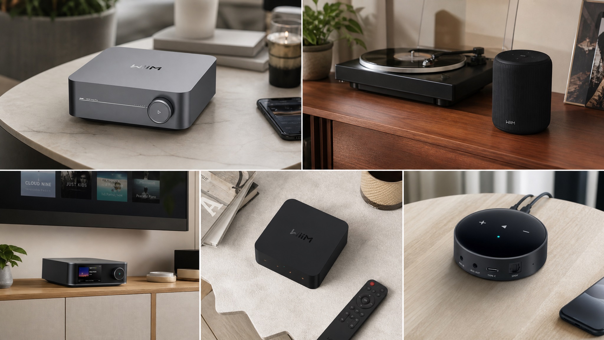 A collage of images showcasing various WiiM audio products in different room settings, including an amplifier, a smart speaker, a touchscreen preamplifier, a black box streamer, and a circular streamer.