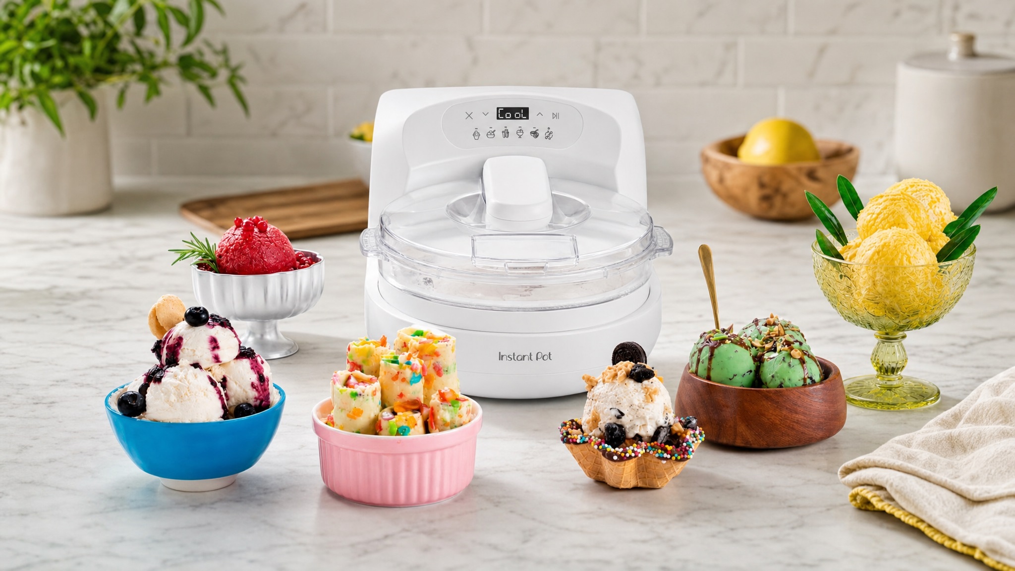 A white Instant Pot ice cream maker on a marble counter, surrounded by various colorful bowls of homemade frozen desserts including gelato, sorbet, and decorated ice cream scoops.