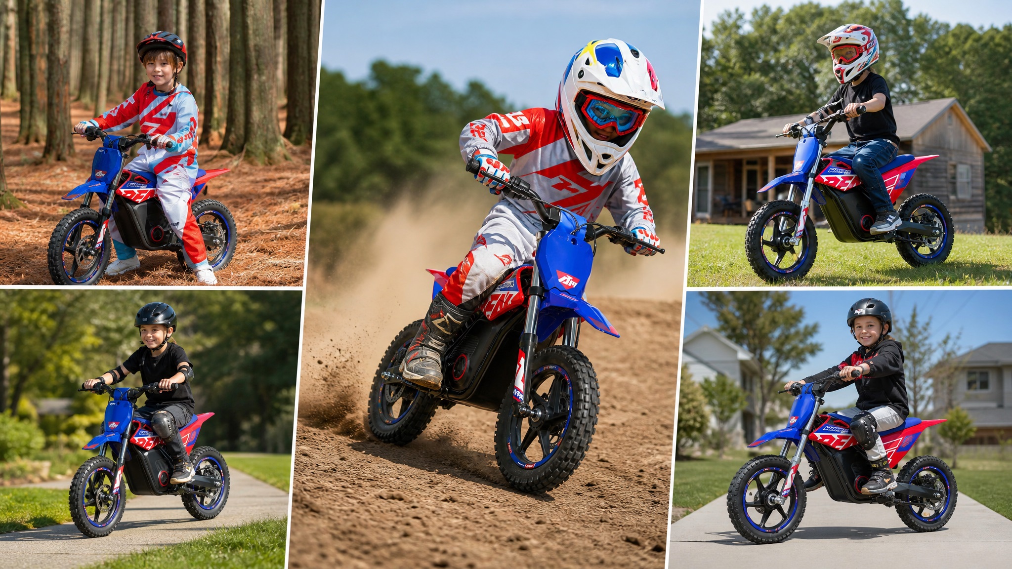 A collage of five photos showing different children joyfully riding RFN electric dirt bikes in various outdoor environments, including dirt tracks, forest paths, neighborhood pavements, and backyards.
