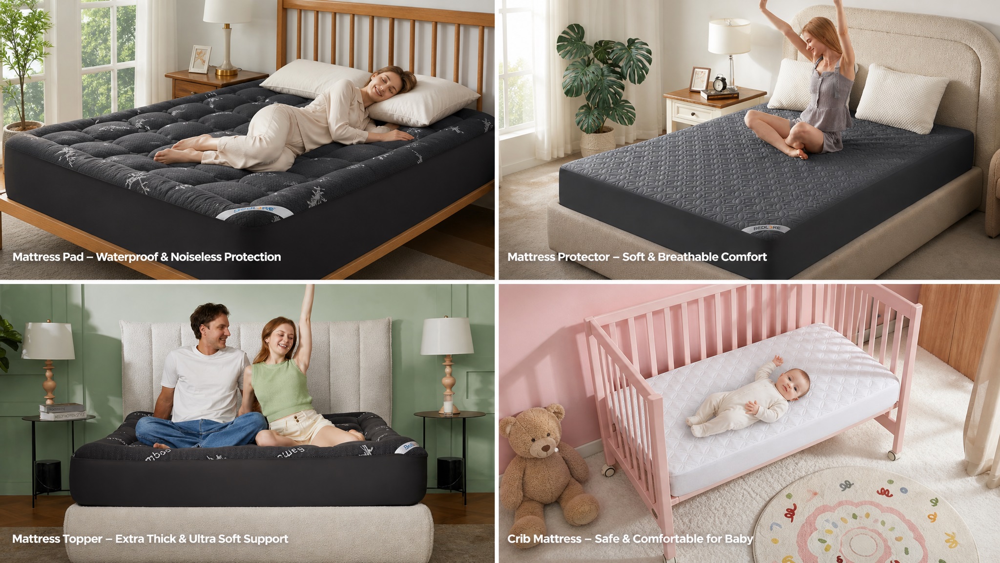 A four-quadrant grid displaying BEDLORE's four major product categories: the thick quilted mattress pad, the quilted mattress protector, the extra-thick mattress topper, and the safe and hygienic crib mattress cover.