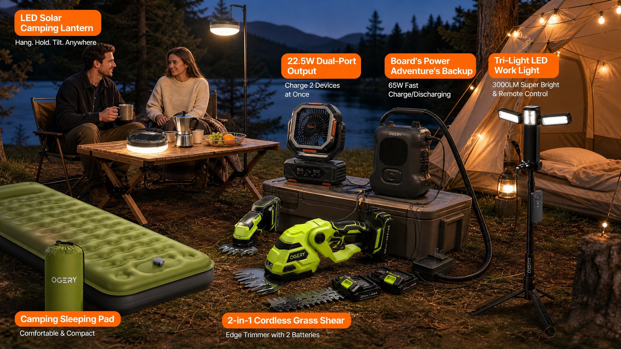 Complete OGERY Outdoor Living Kit in a group campsite setting. Features labeled for LED Solar Camping Lantern, 22.5W Dual-Port Fan, Board's Power Adventure's Backup, Tri-Light LED Work Light, Camping Sleeping Pad, and 2-in-1 Cordless Grass Shear.