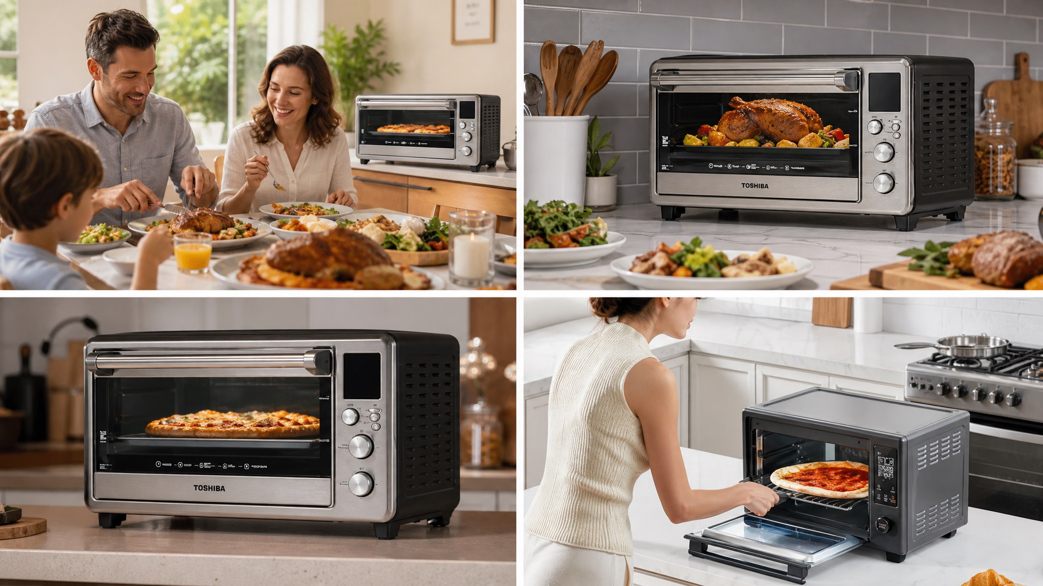 Promotional graphic for the TOSHIBA multi-functional oven lineup, featuring the headline "TOSHIBA All-in-One Cooking. All in TOSHIBA." Four sleek countertop oven models are displayed on a white kitchen island. Below them, icons represent key functions: Air Fry, Bake, Toast, Broil, Dehydrate, and Reheat. The bottom section shows lifestyle close-ups highlighting features such as "Child Safety Lock" (with a baby icon), "French Doors" (for easy access), and "Removable Accessories" (for easy cleaning).