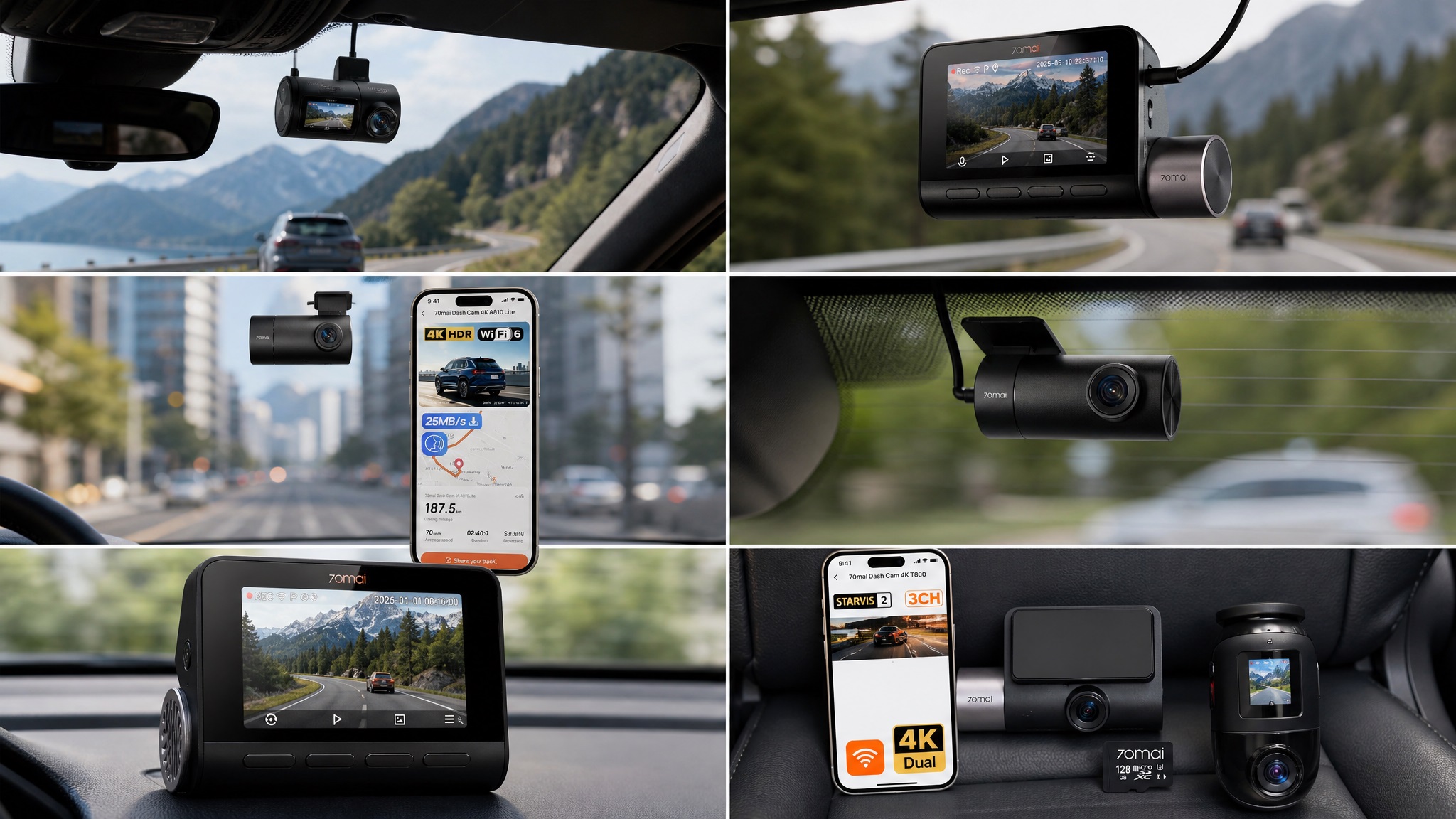 A collage of lifestyle photos demonstrating different 70mai dash cams installed in vehicles, showing windshield mounts, rear camera placement, screen interfaces, and smartphone app connection.