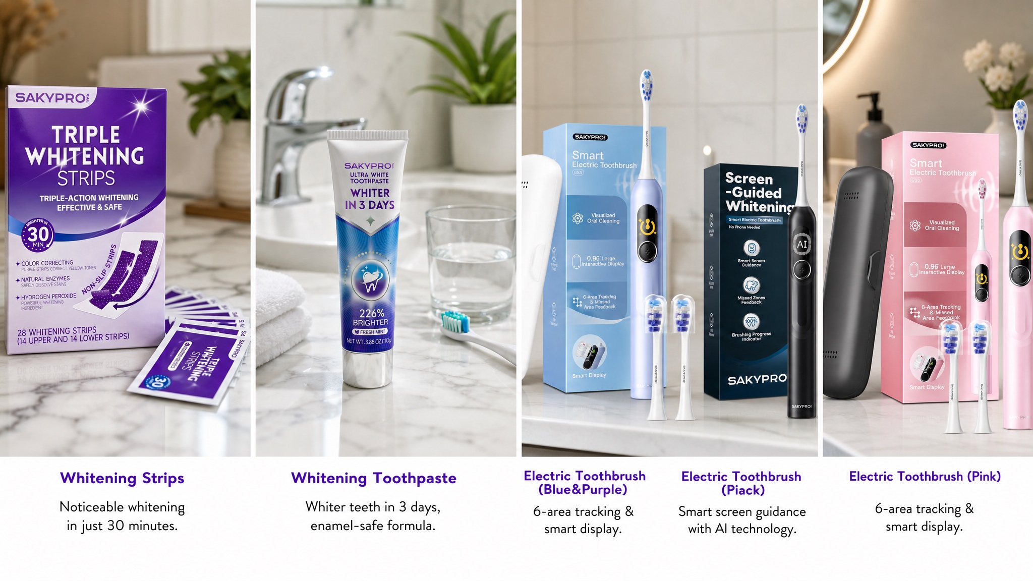 A four-panel split banner showcasing the SAKYPRO oral care family: Purple Whitening Strips (30-min whitening), Ultra White Toothpaste (3-day whitening), Blue/Purple Smart Toothbrush, Black AI Toothbrush, and Pink Kids Toothbrush with brief feature summaries below each.