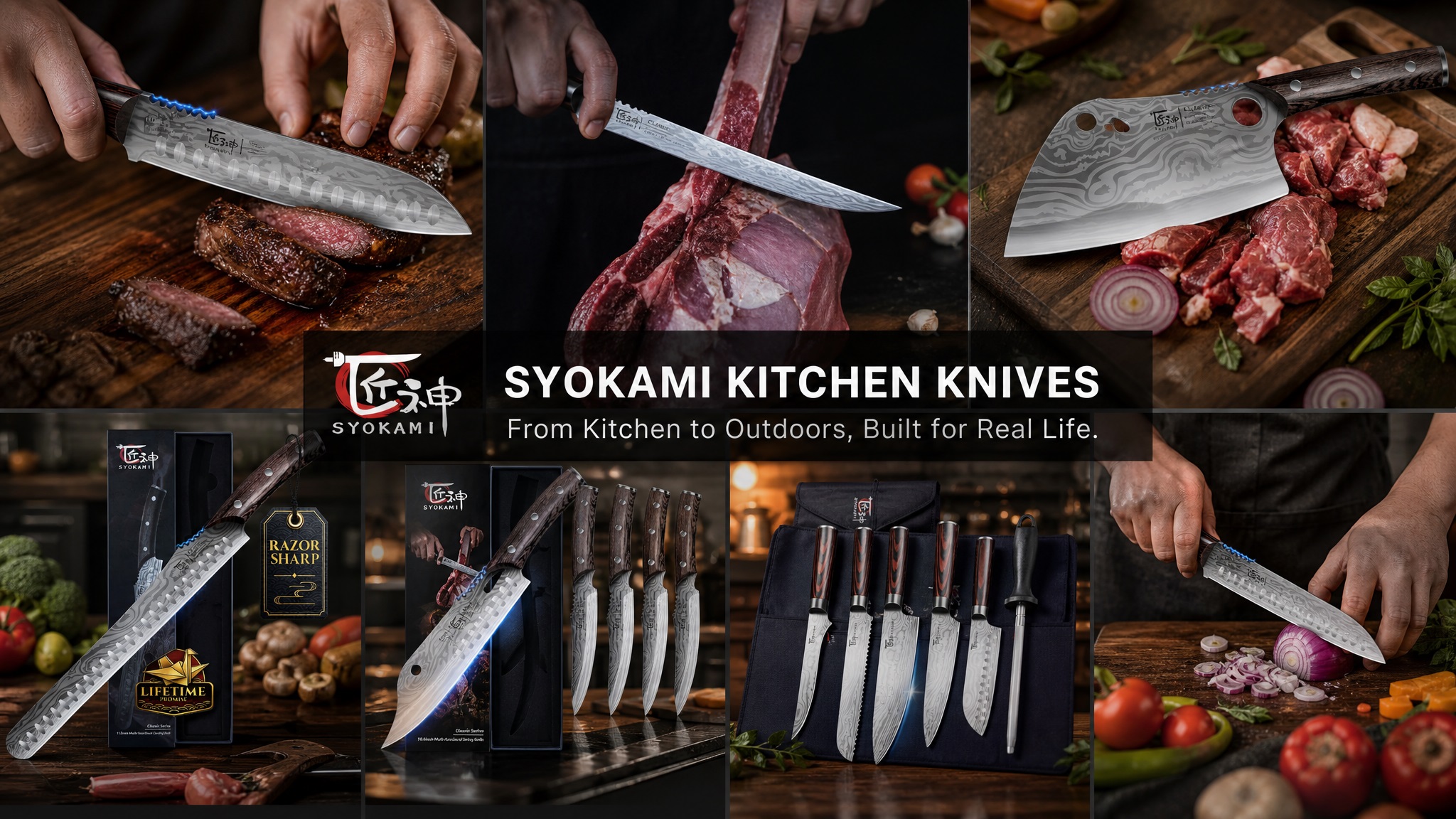 Collage of SYOKAMI professional kitchen knives in action, showcasing various slicing, chopping, and boning tasks for both indoor kitchens and outdoor grilling.