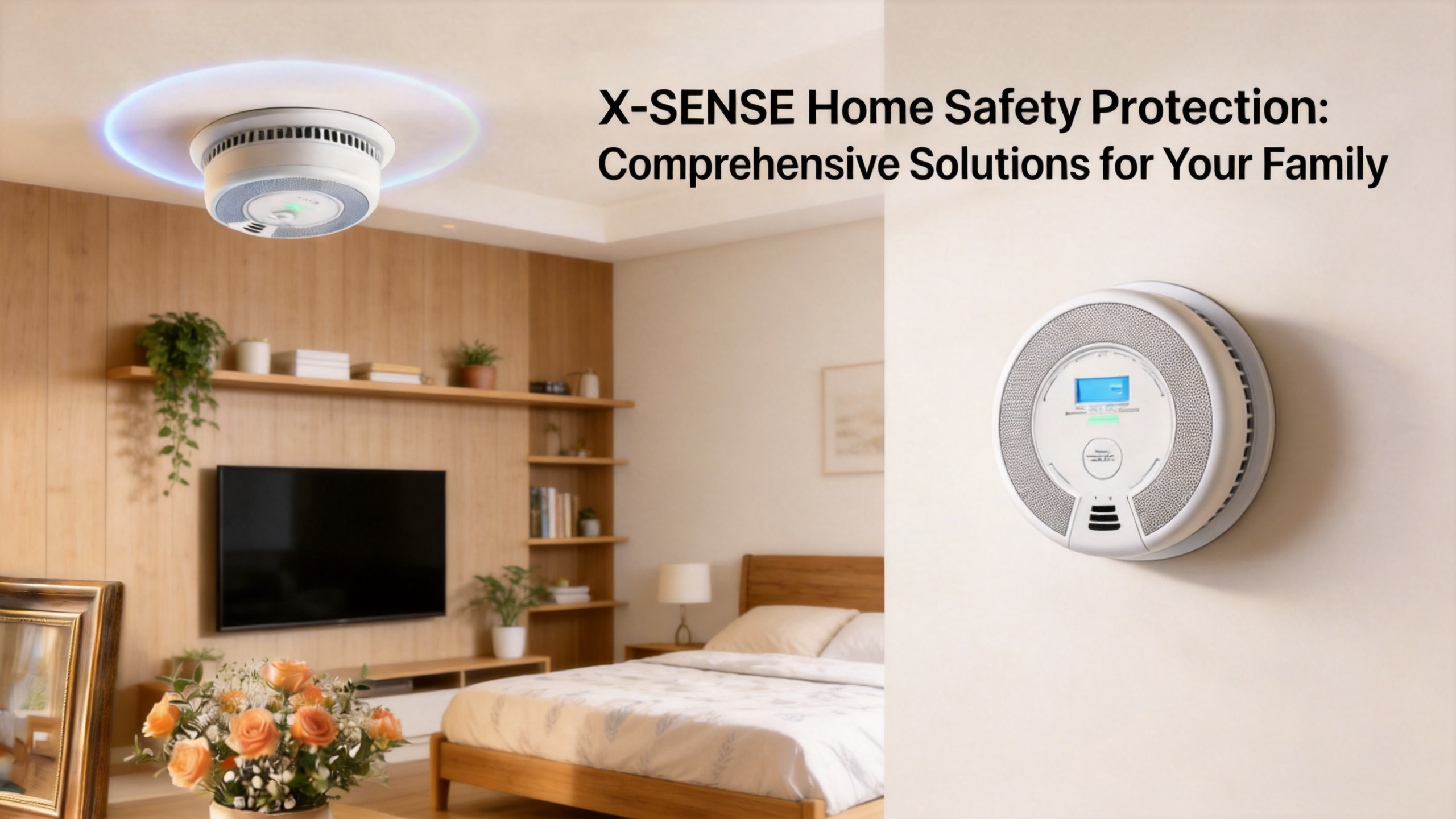 Branding image with the text 'X-SENSE Home Safety Protection: Comprehensive Solutions for Your Family', featuring a modern bedroom interior with an X-Sense mesh alarm on the ceiling and a circular digital alarm fixed to the wall.