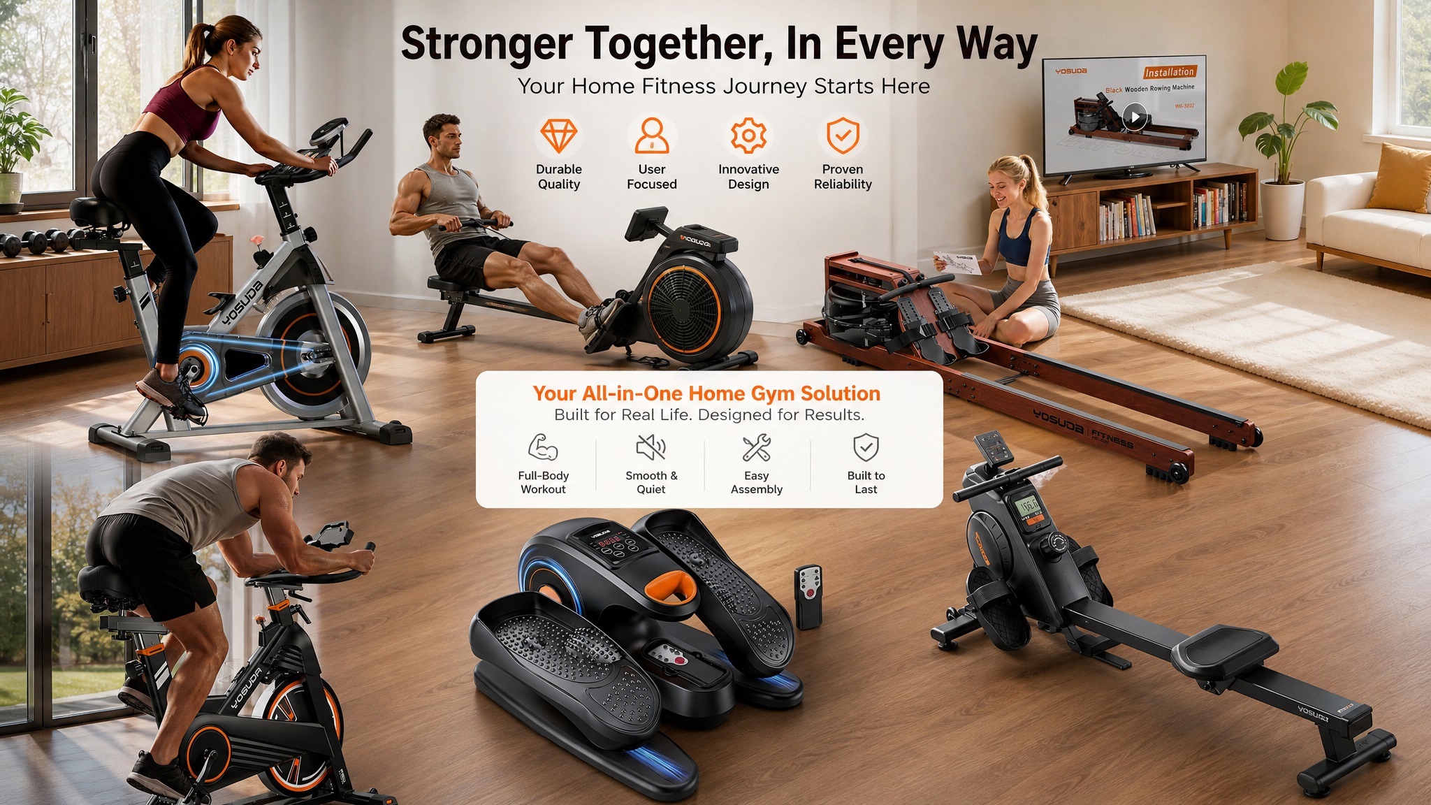 A lifestyle banner showcasing multiple people exercising on different YOSUDA home fitness equipment in a spacious, sunlit living room, highlighting the brand's philosophy "Stronger Together, In Every Way."