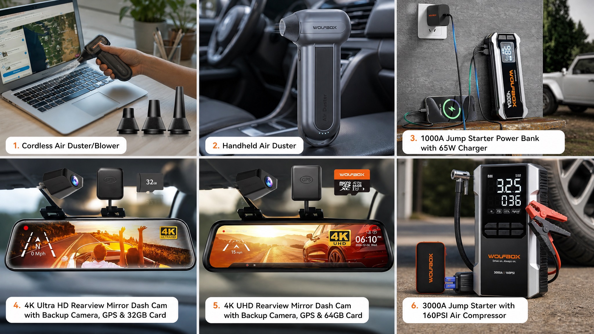A six-panel product showcase image for WOLFBOX Ultimate Car Accessories.