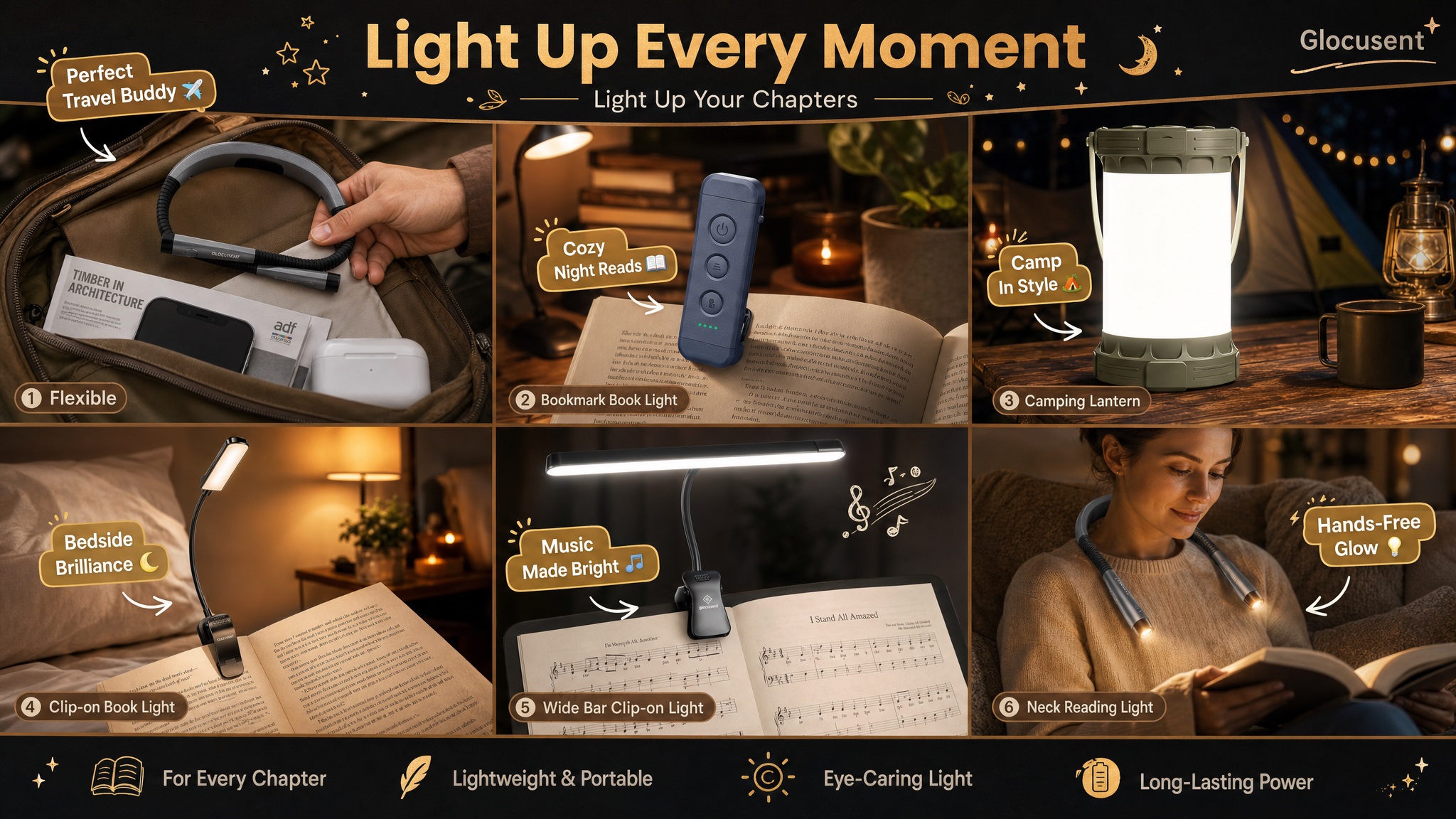 Glocusent "Light Up Every Moment" product suite showcasing versatile lighting solutions for reading, travel, music, and outdoor camping.
