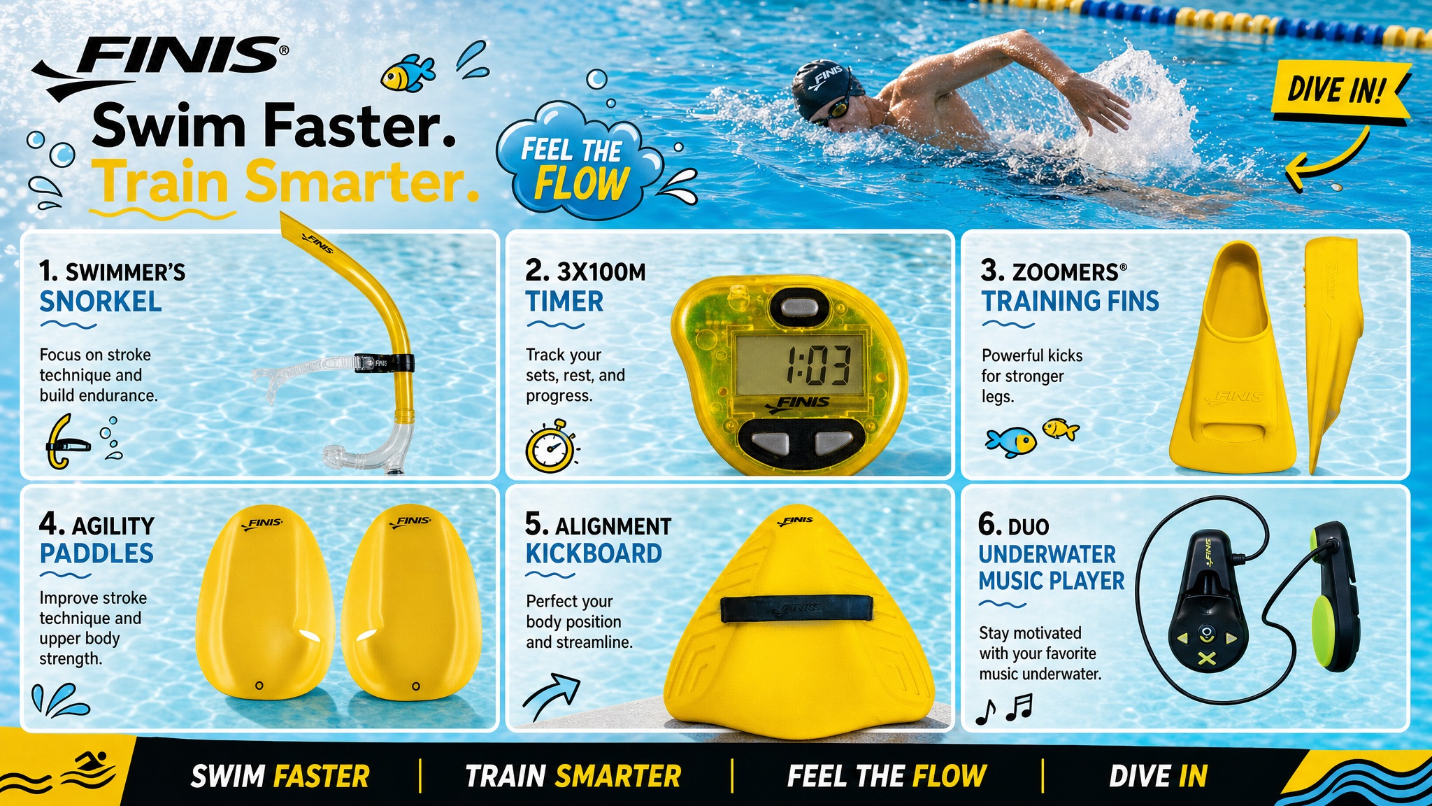 Educational graphic layout titled "Swim Faster. Train Smarter." showcasing six core FINIS swim training products with feature descriptions and icons.