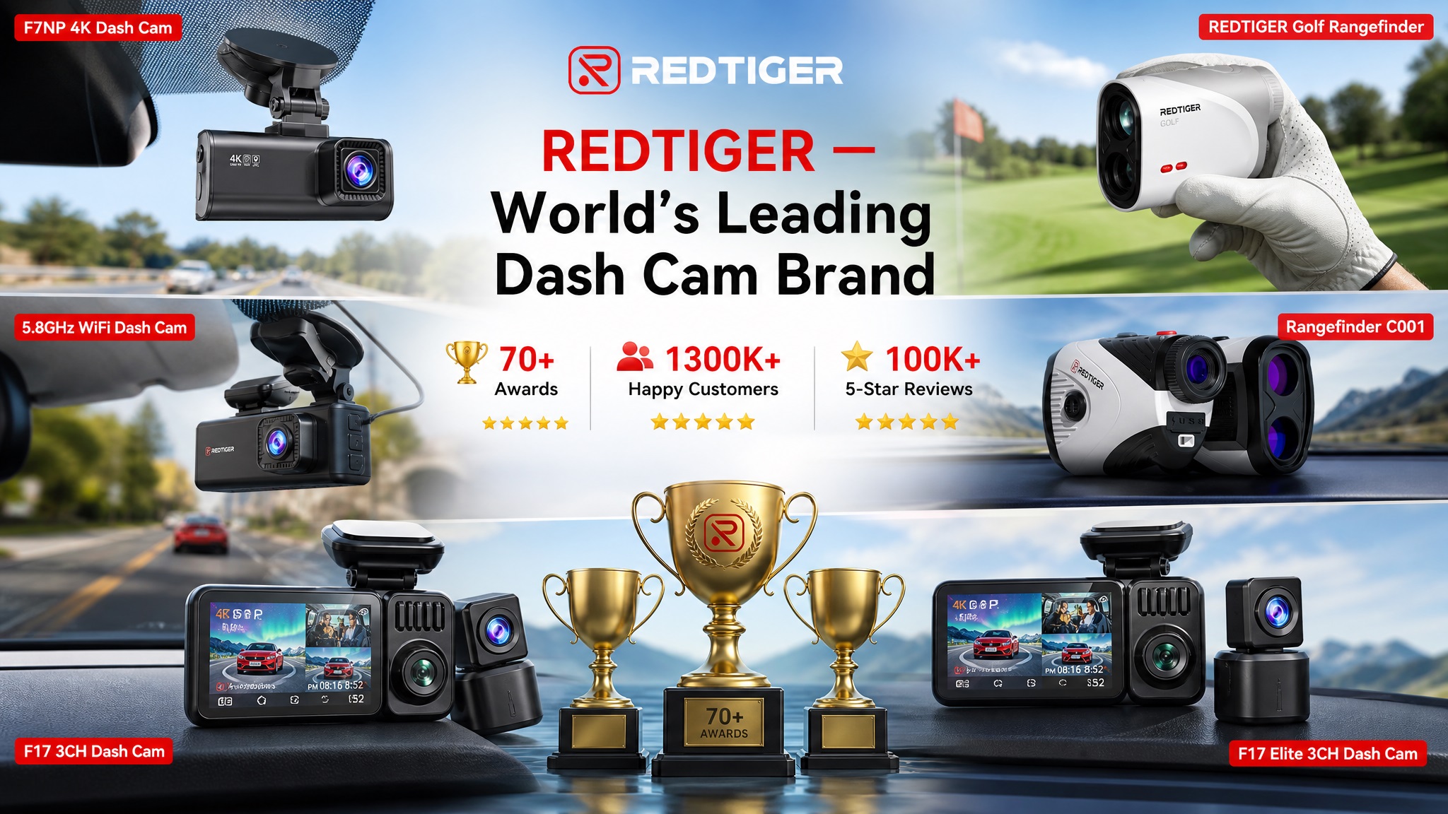 Promotional poster for REDTIGER - World's Leading Dash Cam Brand, displaying awards, 1300K+ happy customers, 100K+ 5-star reviews, and various dash cams and golf rangefinders.