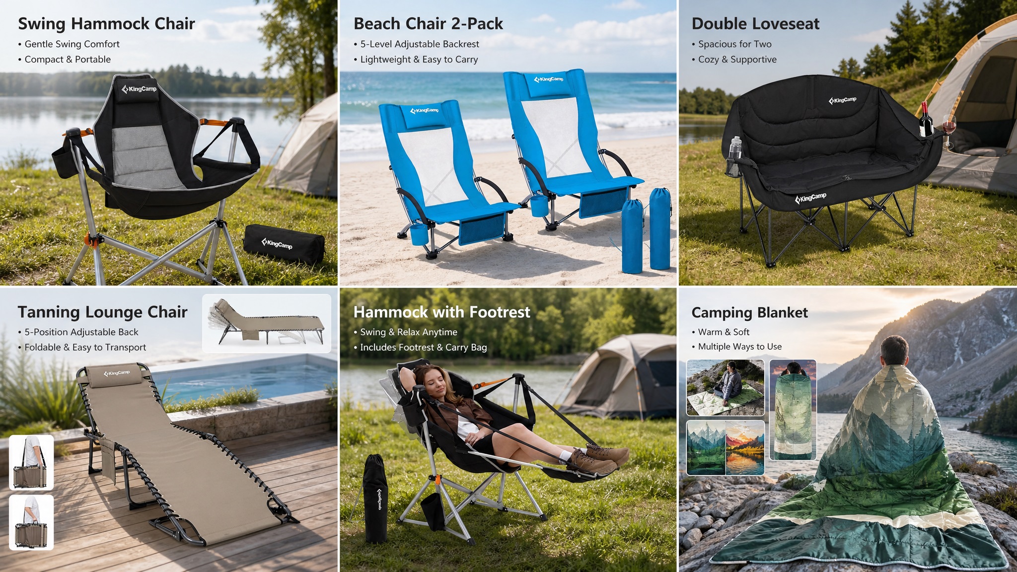 A comparison graphic for KingCamp, showcasing six product category images at once with their key features for e-commerce, illustrating products from Swing Hammock Chair and Beach Chairs to Double Loveseat and Tanning Lounge.