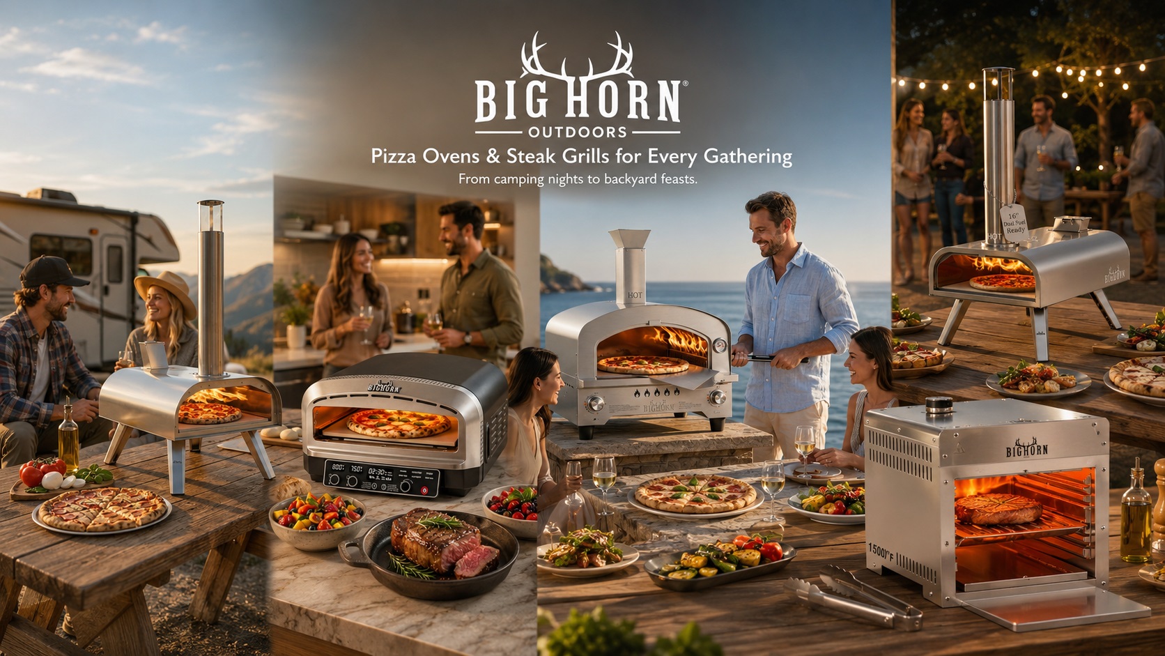 A panoramic lifestyle banner collage of Big Horn Outdoors pizza ovens and steak grills being used by smiling groups at camping sites, indoor kitchens, and outdoor patio feasts.