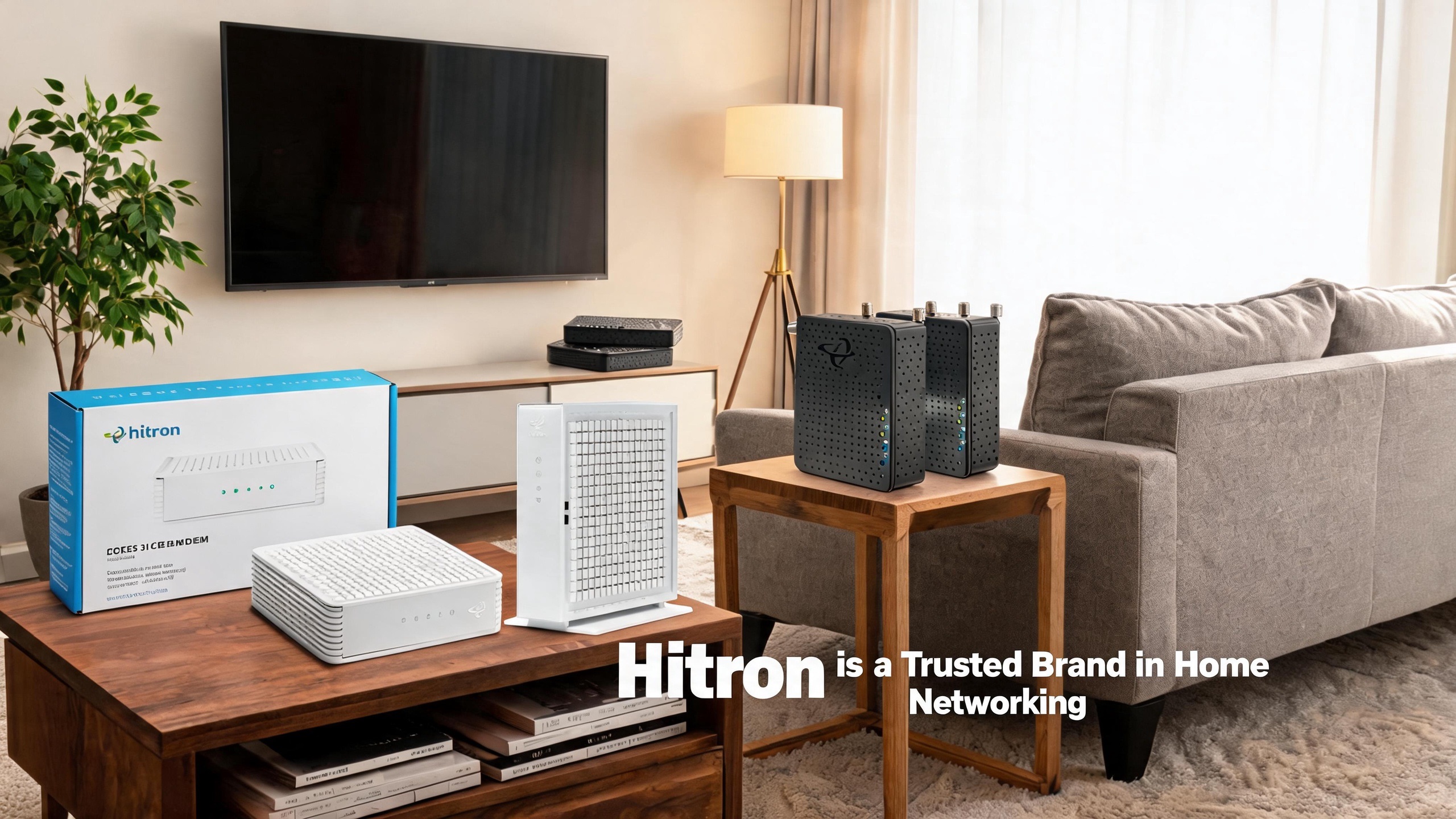 A lifestyle view of a bright living room featuring Hitron networking hardware, including a white cable modem, a box, and black MoCA adapters on wooden tables, with the overlay text "Hitron is a Trusted Brand in Home Networking".