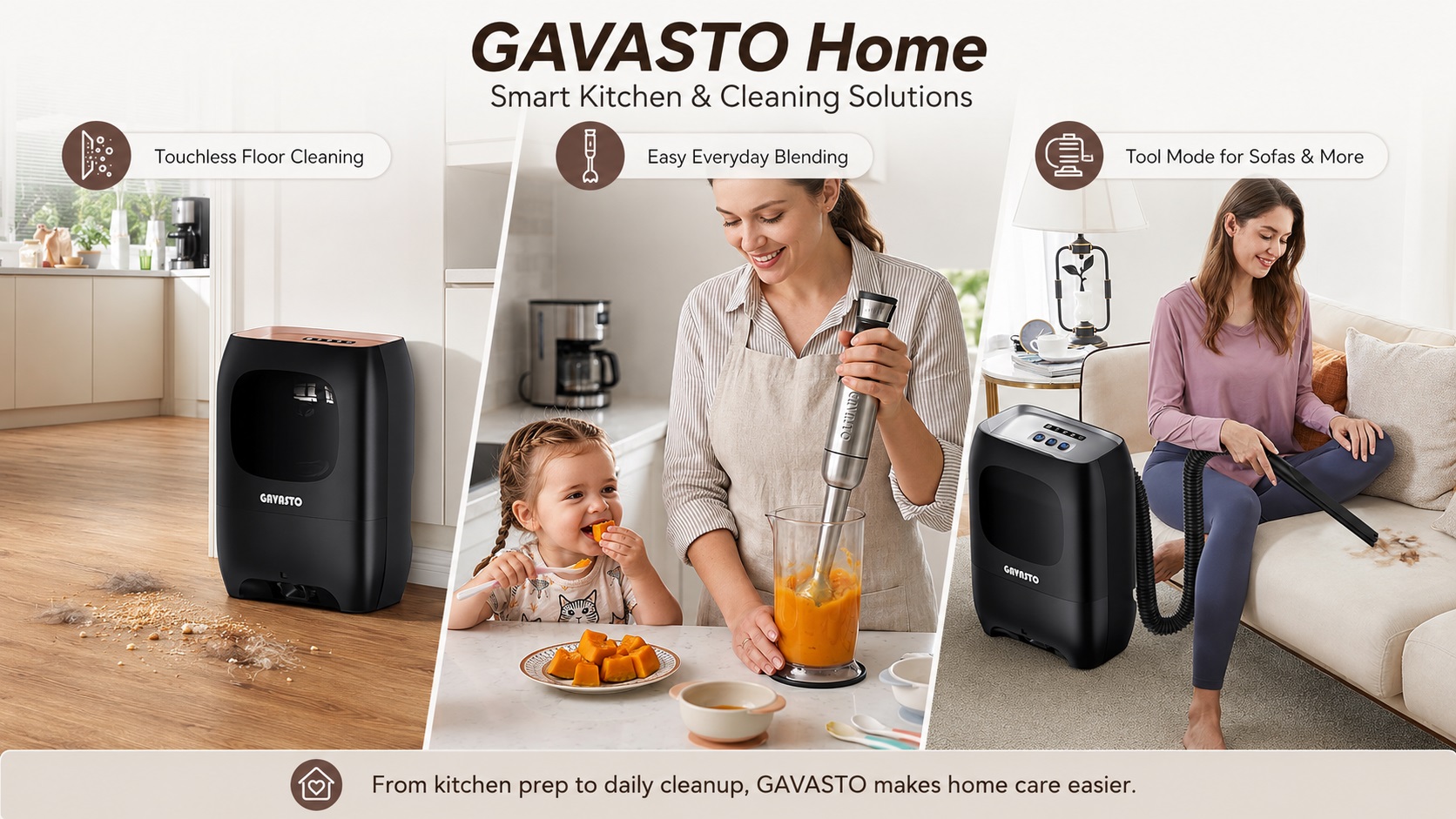 A marketing banner showcasing GAVASTO smart kitchen and cleaning solutions, demonstrating seamless home care from automatic floor sweeping to kitchen prep and upholstery cleaning.