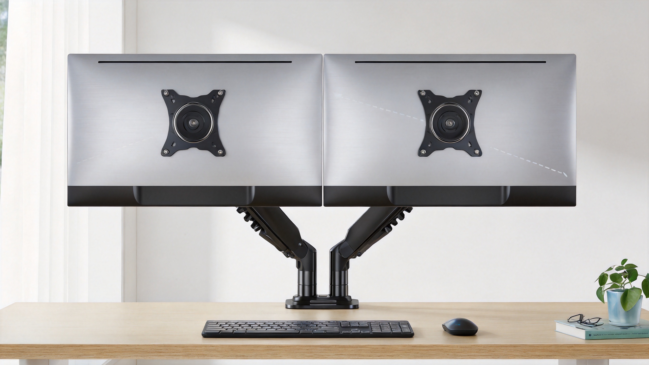 An artistic shot featuring the back of a dual curved monitor setup on a HUANUO arm from a centered eye-level view, highlighting the seamless integration and cable management.