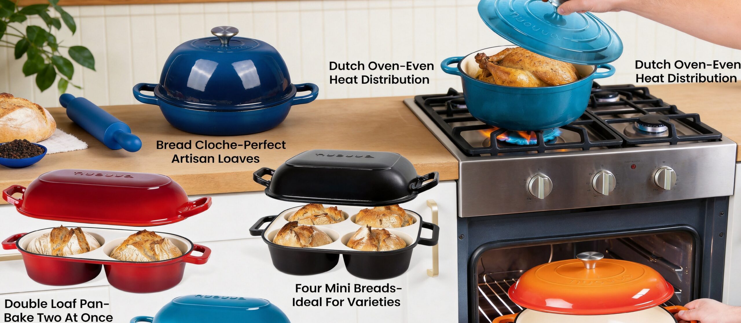 A diverse collection of enameled cast iron baking pots arranged in a modern kitchen setting. Labels identify various types, including a Bread Cloche, Dutch Oven, Double Loaf Pan, Single Long Loaf Pan, Four Mini Breads Pan, and a Shallow Casserole, with brief feature descriptions.