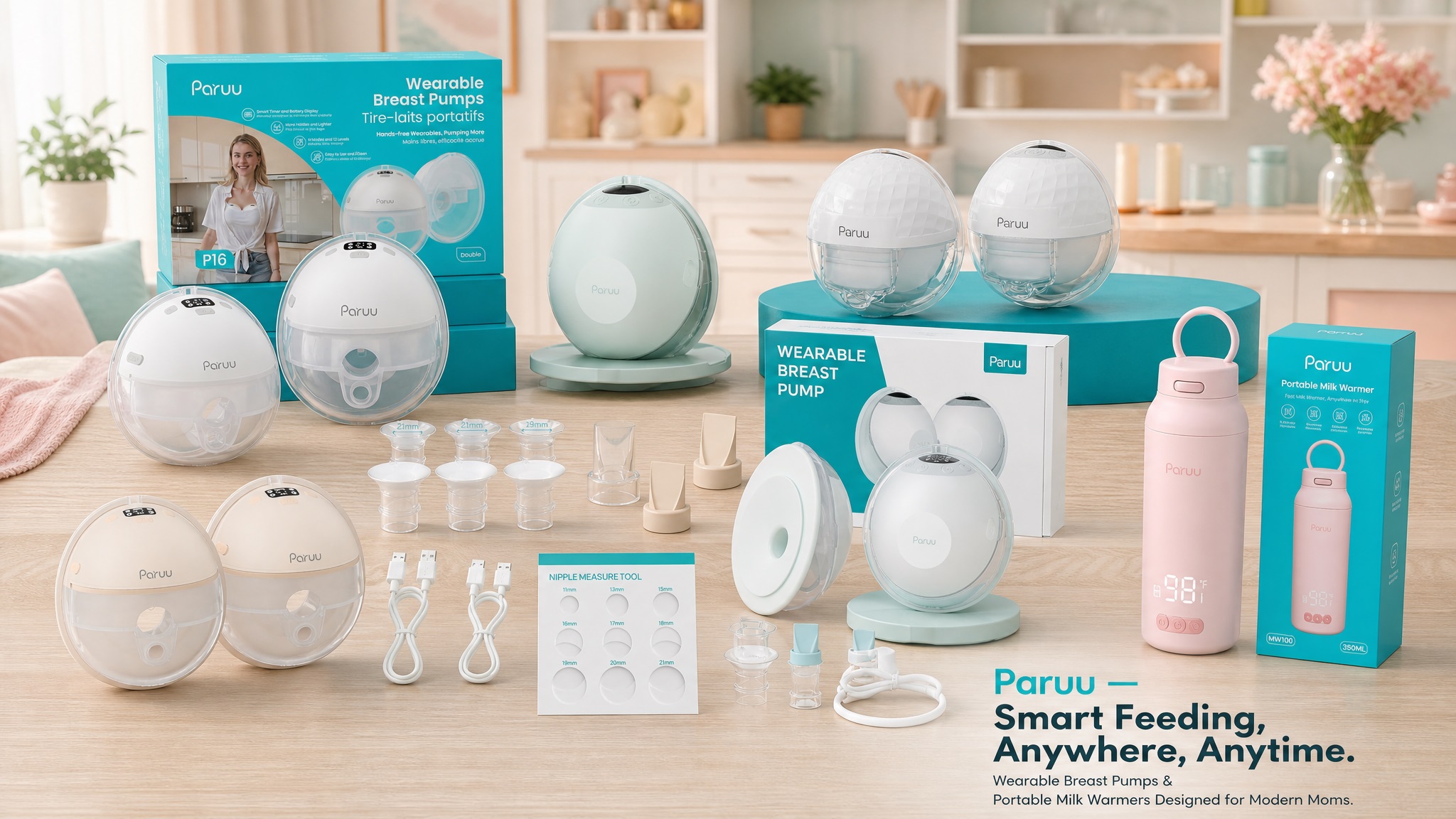A group photo of the complete Paruu smart feeding ecosystem including multiple wearable breast pumps, different flange sizes, duckbill valves, measurement cards, and a portable milk warmer, all arranged on a kitchen counter, with the text "Paruu - Smart Feeding, Anywhere, Anytime."
