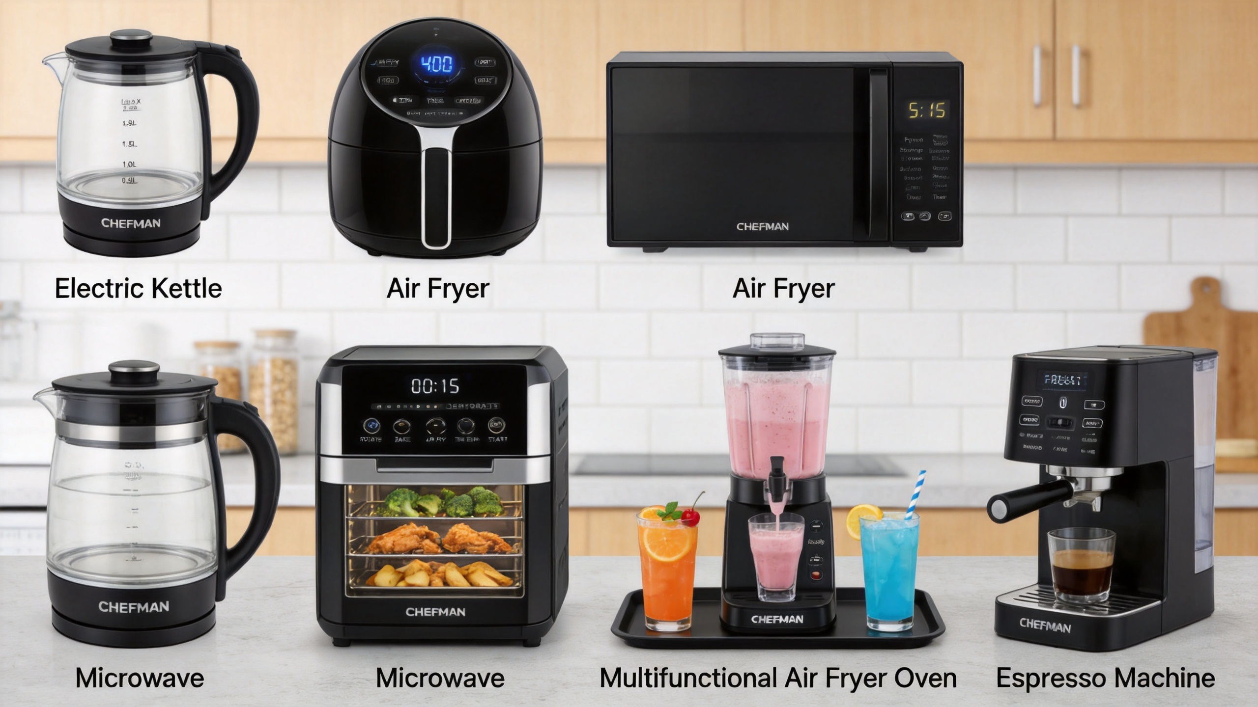Beneath the slogan "CHEFMAN—The #1 Brand for Quality Cooking Appliances," a range of Chefman kitchen appliances is displayed on a kitchen countertop. The lineup includes an electric kettle, a 4-quart air fryer, a 10-liter air fryer oven, a smoothie blender, a microwave, and an espresso machine.