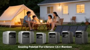 Outdoor camping scene view of five EcoFlow DELTA series portable power stations on grass. In the background, a lit camping tent with a family of four sitting around a table. Text heading in the front reads "EcoFlow Camping Power: The Perfect Complement to Camping C6 + Ramben". "Ramben" is specific names of camping application scenarios.