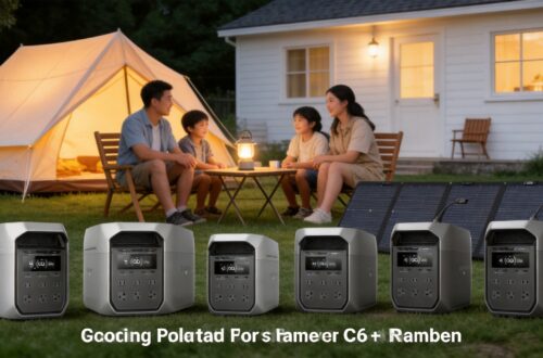 Outdoor camping scene view of five EcoFlow DELTA series portable power stations on grass. In the background, a lit camping tent with a family of four sitting around a table. Text heading in the front reads "EcoFlow Camping Power: The Perfect Complement to Camping C6 + Ramben". "Ramben" is specific names of camping application scenarios.