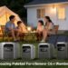 Outdoor camping scene view of five EcoFlow DELTA series portable power stations on grass. In the background, a lit camping tent with a family of four sitting around a table. Text heading in the front reads "EcoFlow Camping Power: The Perfect Complement to Camping C6 + Ramben". "Ramben" is specific names of camping application scenarios.