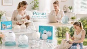 A composite lifestyle and product image showcasing mothers using Paruu wearable pumps while relaxing and working at a laptop, a range of pumps on display, and a mother with a Paruu portable warmer at a park picnic, with the slogan "Paruu. Stand. See. Simplify. Smart Care, Anytime, Anywhere."