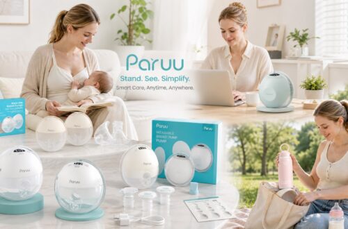 A composite lifestyle and product image showcasing mothers using Paruu wearable pumps while relaxing and working at a laptop, a range of pumps on display, and a mother with a Paruu portable warmer at a park picnic, with the slogan "Paruu. Stand. See. Simplify. Smart Care, Anytime, Anywhere."
