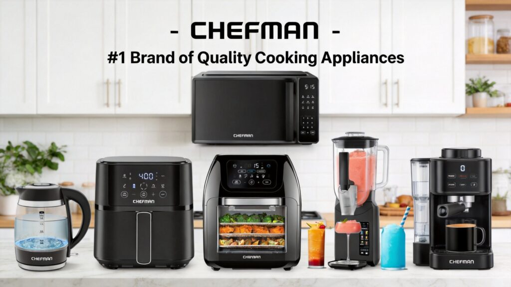 Beneath the slogan "CHEFMAN – A Recommended Brand for High-Quality Kitchenware," a variety of CHEFMAN kitchen appliances are displayed on the counter. These products include an electric kettle, a 4-quart (approx. 3.8-liter) air fryer, a 10-liter air fryer oven, a smoothie blender, a microwave, and an espresso machine.