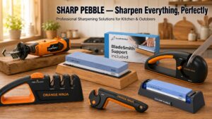 A photograph in a kitchen and outdoor combined setting showing six different knife sharpening tools arranged neatly on a wooden table. The background is a blurred kitchen. The tools include: an electric chainsaw sharpener, a premium whetstone on a bamboo base, a whetstone sharpening kit box, a 7-in-1 multi-tool sharpener, and two pull-through sharpeners. Text at the top of the image reads: 'SHARP PEBBLE — SHARPEN EVERYTHING, PERFECTLY. PROFESSIONAL SHARPENING SOLUTIONS FOR KITCHEN & OUTDOORS.'