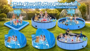 A comprehensive collection display of premium splash pads and foldable family pools on a sunny green lawn. Features include square fountains, round sprinkler pools, infant canopy pools, and a giant dog pool with a family playing together.