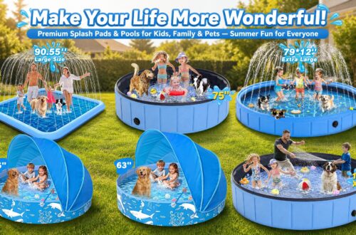 A comprehensive collection display of premium splash pads and foldable family pools on a sunny green lawn. Features include square fountains, round sprinkler pools, infant canopy pools, and a giant dog pool with a family playing together.