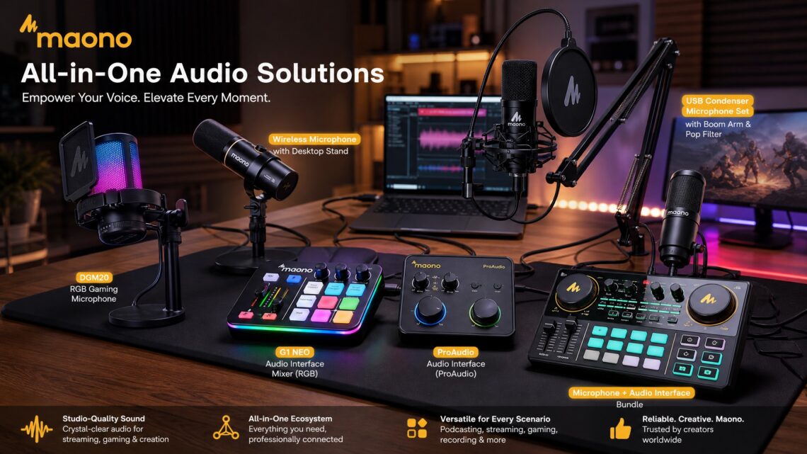 A broad product overview image displaying MAONO's comprehensive audio lineup, labeled with descriptions for DGM20S, PD200W, G1 NEO, ProAudio, and AME2A. Bottom icons promise studio-quality sound, all-in-one ecosystem, versatility, and reliable creativity trusted by creators.