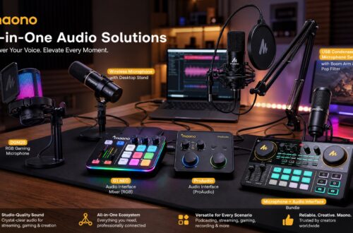 A broad product overview image displaying MAONO's comprehensive audio lineup, labeled with descriptions for DGM20S, PD200W, G1 NEO, ProAudio, and AME2A. Bottom icons promise studio-quality sound, all-in-one ecosystem, versatility, and reliable creativity trusted by creators.