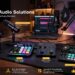 A broad product overview image displaying MAONO's comprehensive audio lineup, labeled with descriptions for DGM20S, PD200W, G1 NEO, ProAudio, and AME2A. Bottom icons promise studio-quality sound, all-in-one ecosystem, versatility, and reliable creativity trusted by creators.